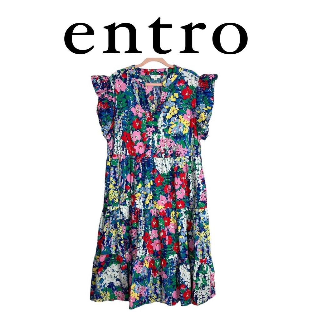 entro Floral Tiered Maxi Dress in Blue, Pink, Red, Green